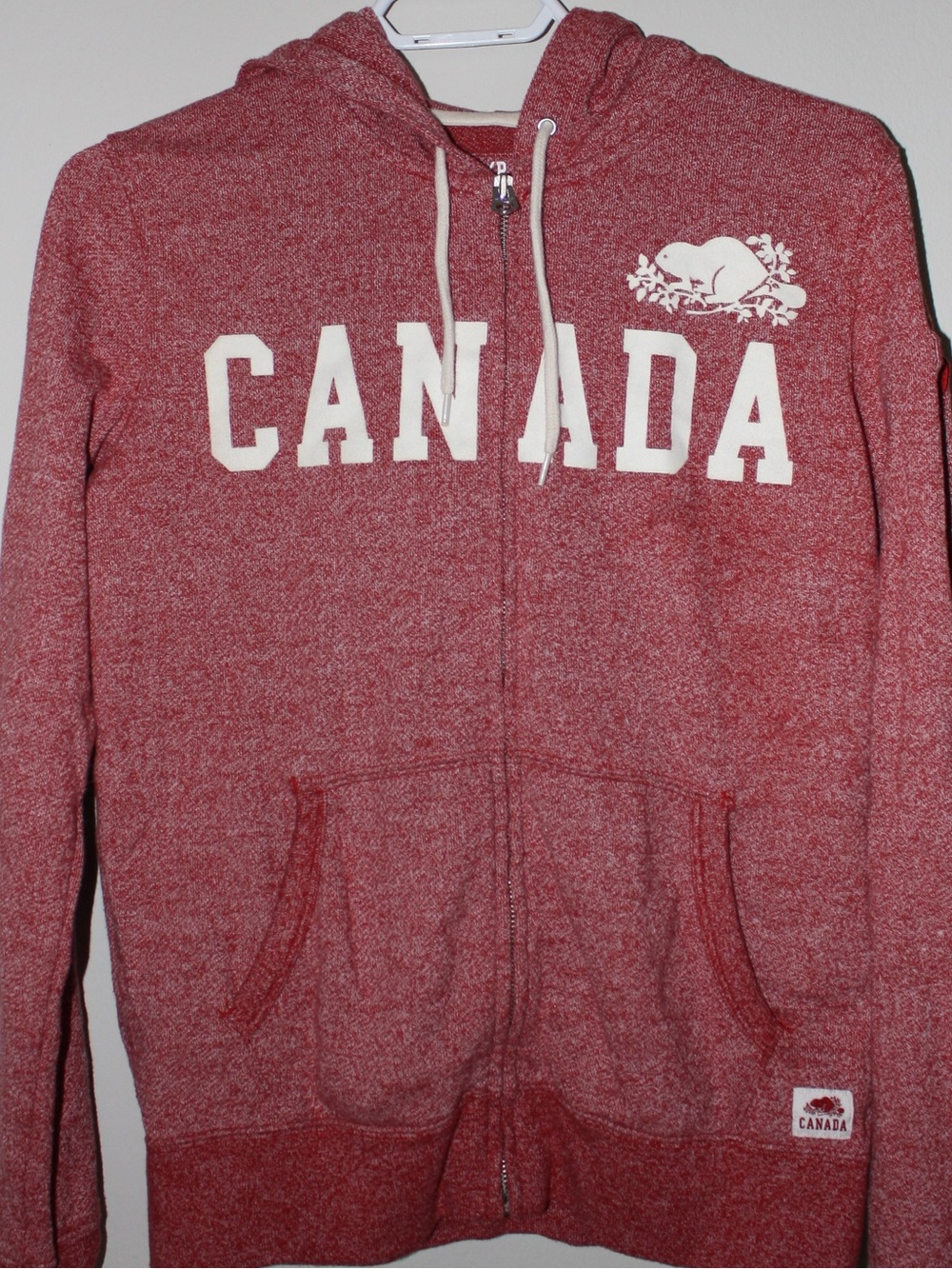 Roots Canada Zip-Up Hoodie in Red Heather with Cream Lettering